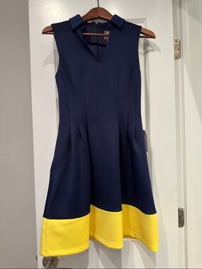 NWT Vince Camuto Navy and Yellow Colorblock Sleeveless Fit & Flare Dress